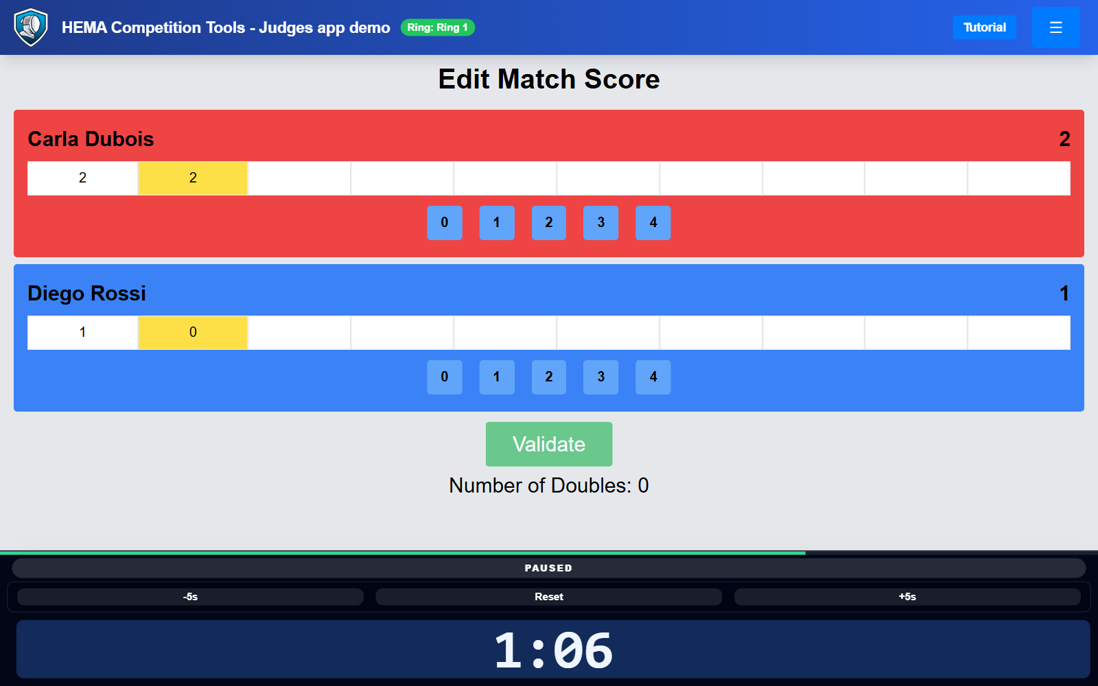 Judging demo showing both fighters’ scores and the match timer.